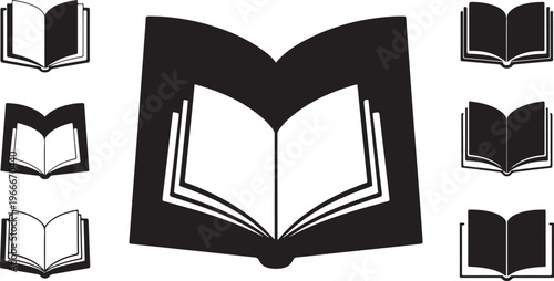 Collection of open book icons in black and white