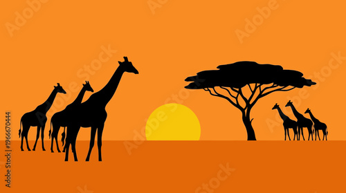 Silhouettes of giraffes and an acacia tree against a vibrant African sunset, depicting a classic savanna scene.