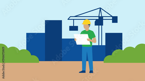 Illustration of a construction worker or engineer reviewing plans at a building site with a crane and unfinished structures.