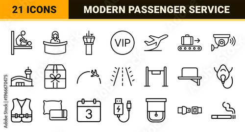 Minimalist Monoline Airport Service Icons featuring Geometric Line Art for Navigation, Logistics, and Global Travel Infrastructure Signage.