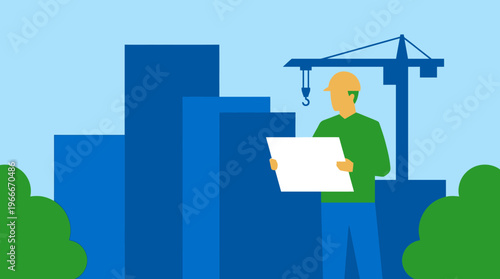 An illustration of a construction worker in a hard hat reviewing blueprints at a building site with a crane and tall structures.
