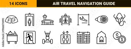 Airport and Aviation Logistics Minimalist Monoline Outline Set Featuring Commercial Flight Navigation and Travel Terminal Service Symbols