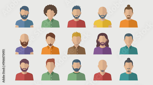 Collection of diverse male avatar icons in flat design style, featuring various hairstyles and facial hair.
