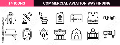 Minimalist Monoline Airport and Aviation Infrastructure Icon Set Featuring Geometric Line Art for Commercial Wayfinding and Navigation.