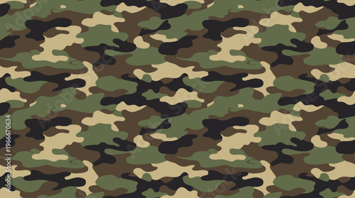 Seamless woodland camouflage pattern with irregular shapes in green, brown, tan, and black, suitable for military or outdoor themes.