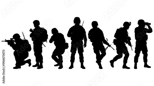 Silhouettes of a military squad in various combat and observation poses, depicting soldiers with weapons and gear.