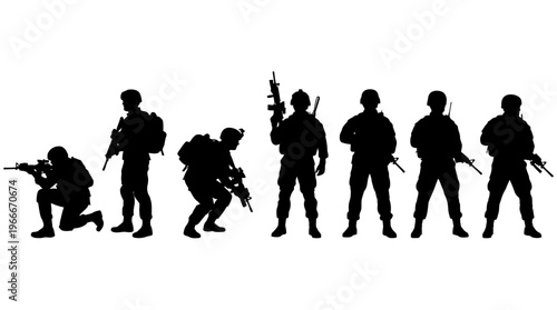Silhouettes of soldiers in various combat poses, holding rifles and carrying gear, against a clean white background.