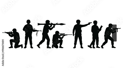 Silhouettes of armed soldiers and military personnel in various combat poses with different weapons, including rifles, rocket launchers, and pistols.