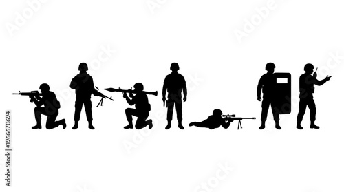 Silhouettes of military soldiers and special forces personnel in various combat and tactical poses with weapons and equipment.
