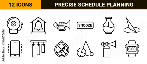 Minimalist Monoline Timekeeping and Alert System Interface Line Art Representing Clocks, Alarms, and Notification Symbols in Geometric Style.