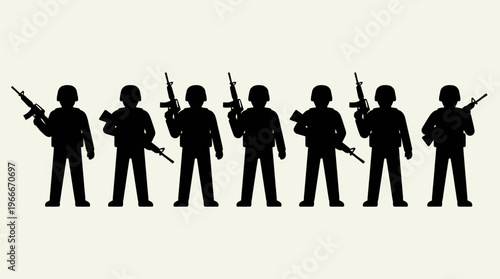 Seven black silhouettes of soldiers holding rifles standing in a row against a light background, depicting military personnel.