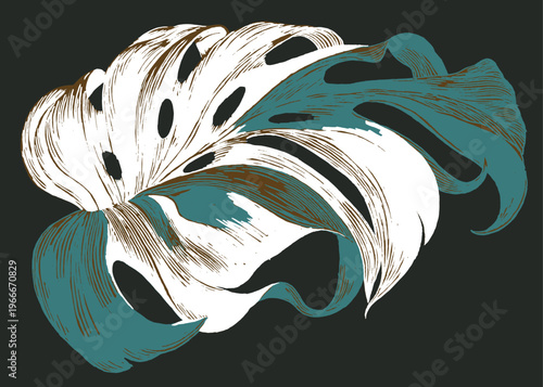 Hand drawn Japanese inspired Monstera leaf. Vintage woodcut style featuring a large, textured tropical leaf in white and teal on a black background. Elegant, artisan botanical art.