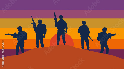 Five soldier silhouettes stand on a hill against a vibrant striped sunset, holding rifles, depicting military service and valor.