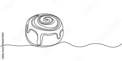 Cinnabon bun one line art. Continuous line drawing of poppy seed roll, continuous line of cinnamon spice.one line drawing of kitchen spice cinnamon.