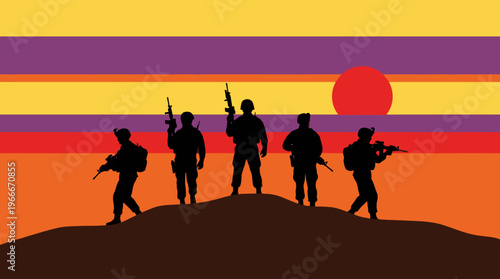 Silhouettes of five armed soldiers standing on a hill at sunset with a striped sky and a red sun.