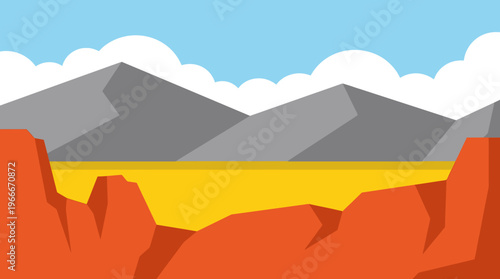 Flat design illustration of a vibrant desert landscape with red rock formations, a yellow plain, and distant grey mountains under a blue sky with clouds.