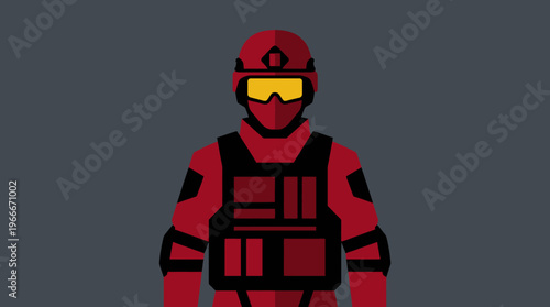 Flat design illustration of a red tactical soldier wearing a helmet and yellow goggles.