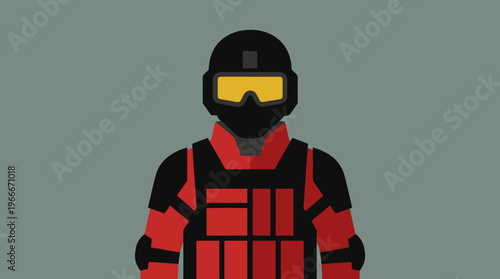 Flat design illustration of a soldier or special forces operative in red and black tactical gear with a black helmet and yellow goggles.