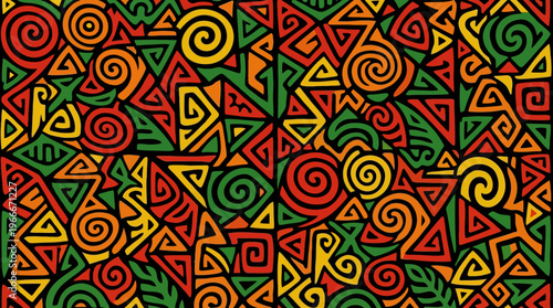 Vibrant abstract pattern featuring intricate geometric shapes and swirling lines in red, green, and yellow on a dark background, evoking a cultural or tribal aesthetic.