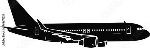 Black, airplane, silhouette, isolated, on, white, background, side, view, commercial, passenger, jet, aircraft, aviation, transport, flight, travel, aerospace, wing, landing.