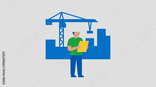 Illustration of a construction worker or engineer overseeing a building site with a large crane and developing structures.