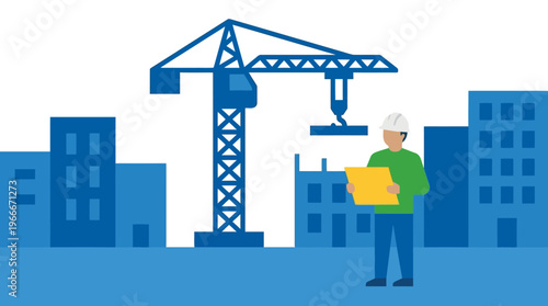 Illustration of a construction site with a tower crane, buildings, and a worker holding plans.