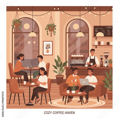 Cozy coffee shop interior with people enjoying drinks and laptops, creating a warm and inviting atmosphere for work and relaxation