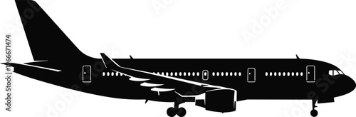 Black, airplane, silhouette, on, white, background, side, view, commercial, passenger, jet, aircraft, aviation, transport, flight, travel, aerospace, wing, landing, gear.