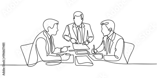 Minimalist line drawing business meeting presentation with team discussion and whiteboard drawing, Continuous One Line art Vector illustration.