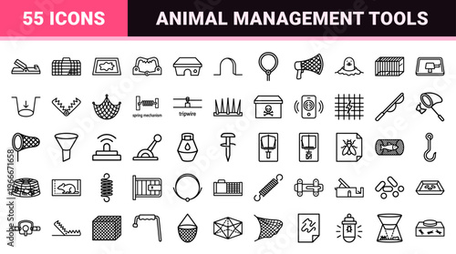 Pest Control and Wildlife Management Equipment Minimalist Geometric Line Art Set for Professional Technical Documentation and Apps.