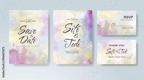 Set of Wedding invitation with abstract splash watercolor