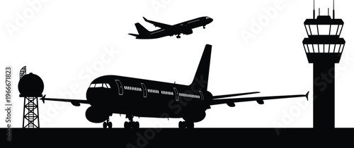 Black, airport, silhouette, with, passenger, airplanes, taking, off, and, taxiing, near, control, tower, isolated, on, white, background, aviation, travel, vector.