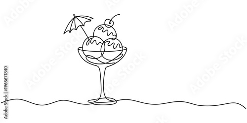 Cocktail glass with ice cream balls in continuous line art drawing style. Black line sketch on white background. Vector illustration, Continuous one line drawing of ice cream scoops on the glass bowl.