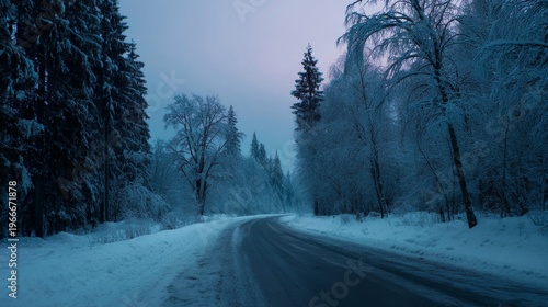 As the first light of dawn touched the horizon, the empty road snaked through a thick, snow-covered forest, its surface pristine and untouched