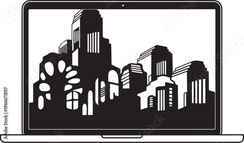 Cityscape on laptop screen in black and white illustration