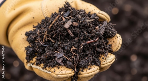 Rich compost mixture in hand highlighting nutrient-rich organic matter for gardening enthusiasts. Compost features decomposed leaves, soil, and organic materials,