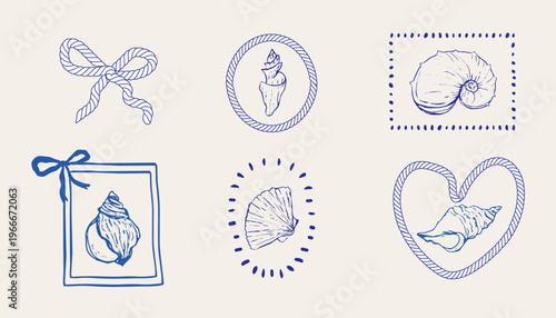 Coastal seashell retro blue stamp, marine nautical theme. Minimalist retro sea print designs sketch with outline seashells illustrations in whimsical frames