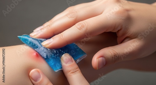 Applying cold pack on minor injury to alleviate pain and reduce swelling. Cold pack use involves gentle pressure on skin for effective relief from discomfort.