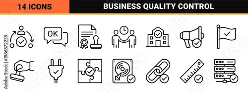 Minimalist Monoline Approval Icons for Business Verification, Geometric Line Art for Regulatory Compliance and Quality Assurance Systems
