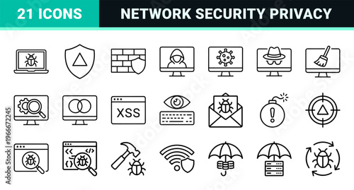 Cybersecurity and Network Protection Monoline Icons - Minimalist Geometric Data Defense Symbols for Modern Digital Security Software UI