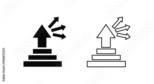black and white icons of arrows pointing up on a pedestal with arrows radiating outward Vector