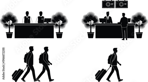 Black, silhouettes, of, hotel, reception, airport, check, in, counter, travelers, with, luggage, suitcases, staff, service, isolated, on, white, background, vector.