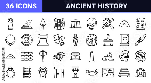 Archaeology and Ancient History Minimalist Monoline Geometric Outline Icons Featuring Paleontology Fossils and Excavation Equipment