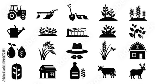 Agriculture Farming Silhouette Icon Set Tractor Crop Tool Vector Isolated on White
