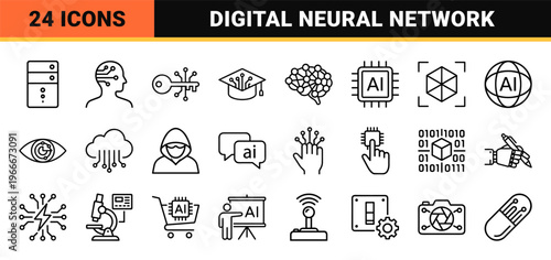 Artificial Intelligence Icon Set Featuring Minimalist Monoline Symbols for Machine Learning Neural Networks and Future Computing Technology
