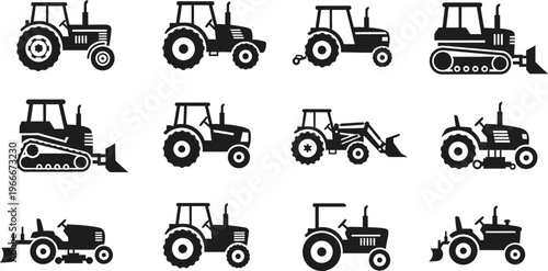 Set of twelve stylized tractor and bulldozer icons in black with heavy equipment with tractor attachment