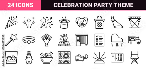 Minimalist Monoline Event Planning Icon Set for Celebrations Birthdays and Parties Featuring Geometric Line Art Graphic Resources