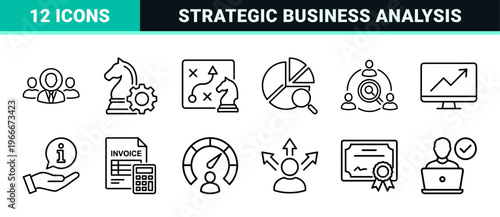 Business Assessment and Performance Analytics Line Art; Minimalist Monoline Symbols for Corporate Strategy, Auditing, and Quality Control.