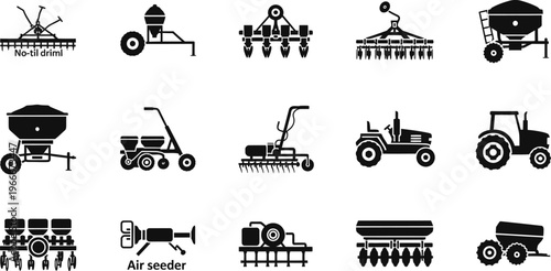 Collection of fifteen stylized agricultural planting and seeding equipment icons with fertilizer spreader