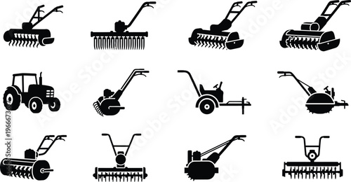 Gardening equipment silhouettes: tillers, cultivators, tractors, and lawn mowers, lawn mower, farm machinery